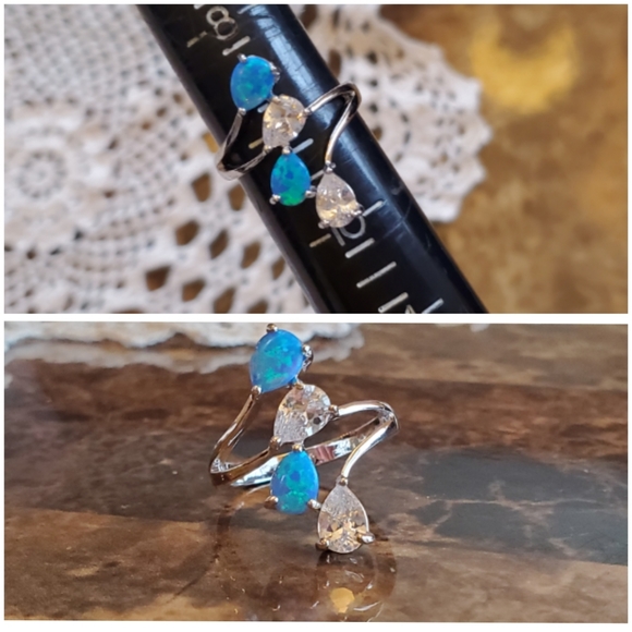 Genuine Blue Fire Opal/White Topaz Ring Size 9 - Picture 8 of 8